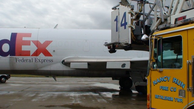 Truck being used to assist Lehigh Valley Intl. Airport in providing training scenes for new IFSTA 206, aircraft training manual.